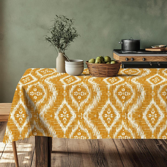 Linen print tablecloth with modern mustard yellow ikat print -   table cloth 100% linen dinner parties lunch table
