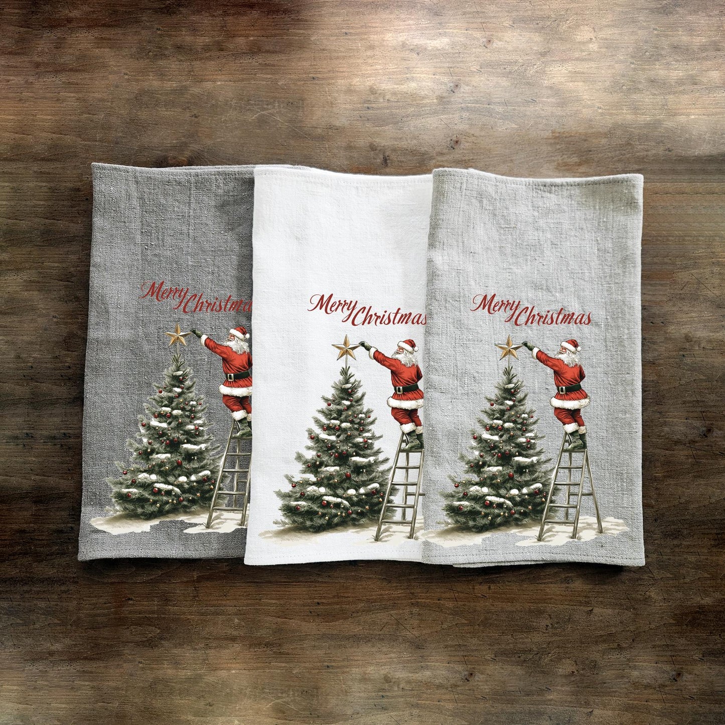 Christmas Tree Tea Towel in linen, Santa Claus Hand Towels Tea in linen Dish Holiday Kitchen Feliz Navidad Frohe Weinachten Merry Christmas