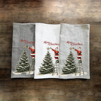 Christmas Tree Tea Towel in linen, Santa Claus Hand Towels Tea in linen Dish Holiday Kitchen Feliz Navidad Frohe Weinachten Merry Christmas