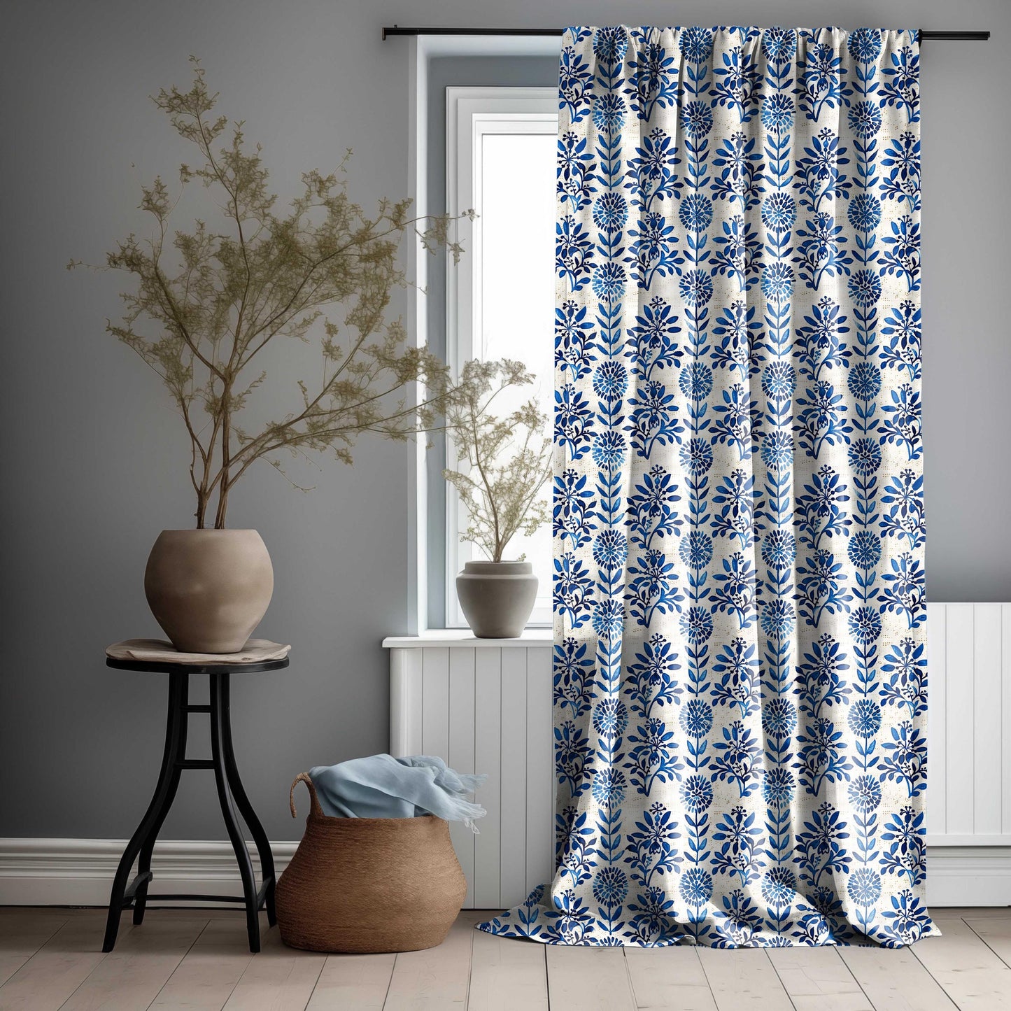 Floral Curtain Panel with indigo blue block print, Floral Botanical Print Curtains Panels in custom size, Botanical Curtains for living room