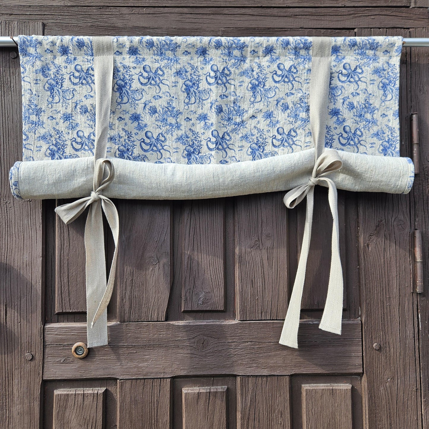 Linen curtains valance with tie up Octopus print -  Nautical farmhouse kitchen door curtains  in custom size with print