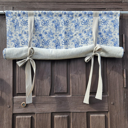 Linen curtains valance with tie up Octopus print -  Nautical farmhouse kitchen door curtains  in custom size with print