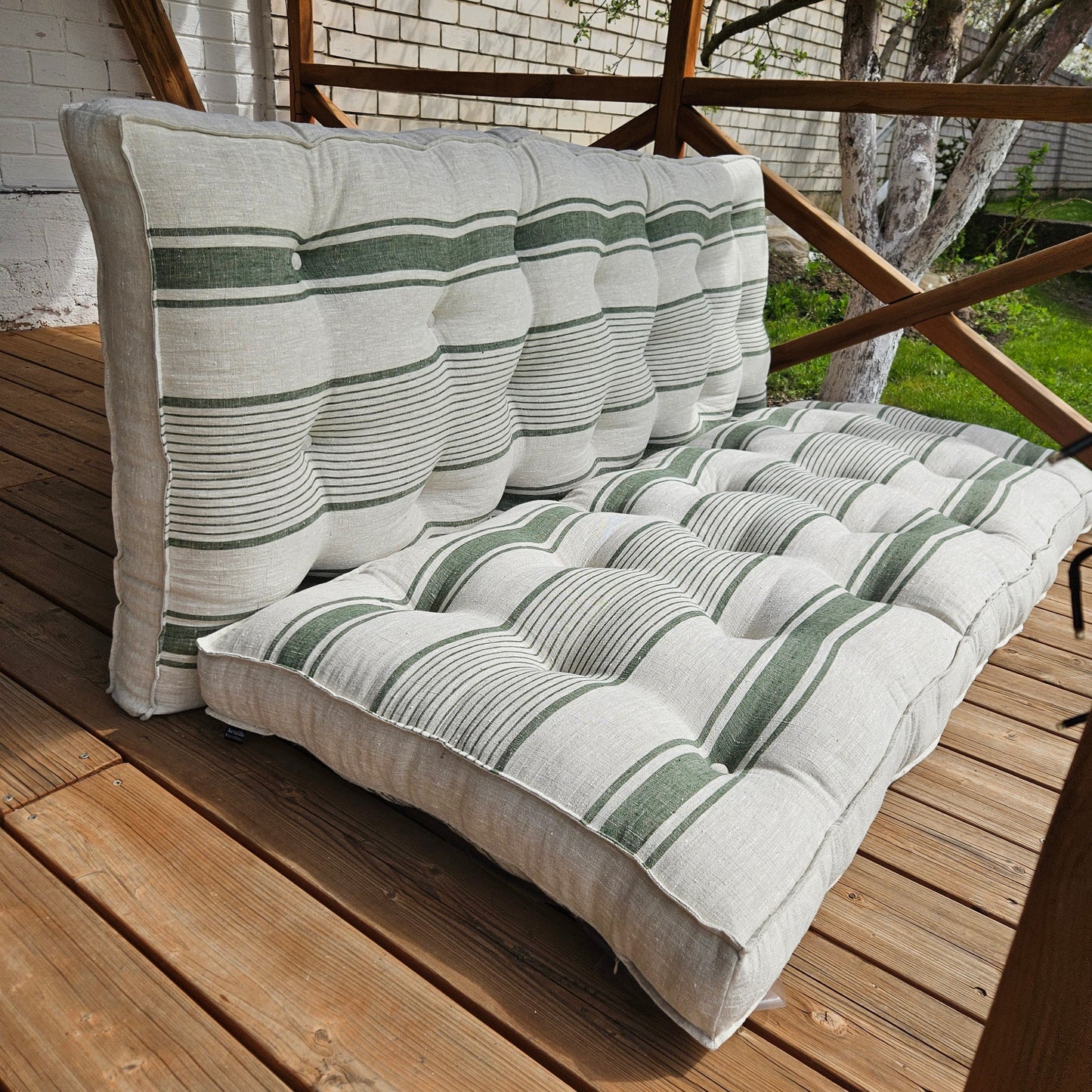 French striped linen floor cushion in Custom size, Linen french cushion, shikibuton thick mat Shiki futon filled organic fiber filler