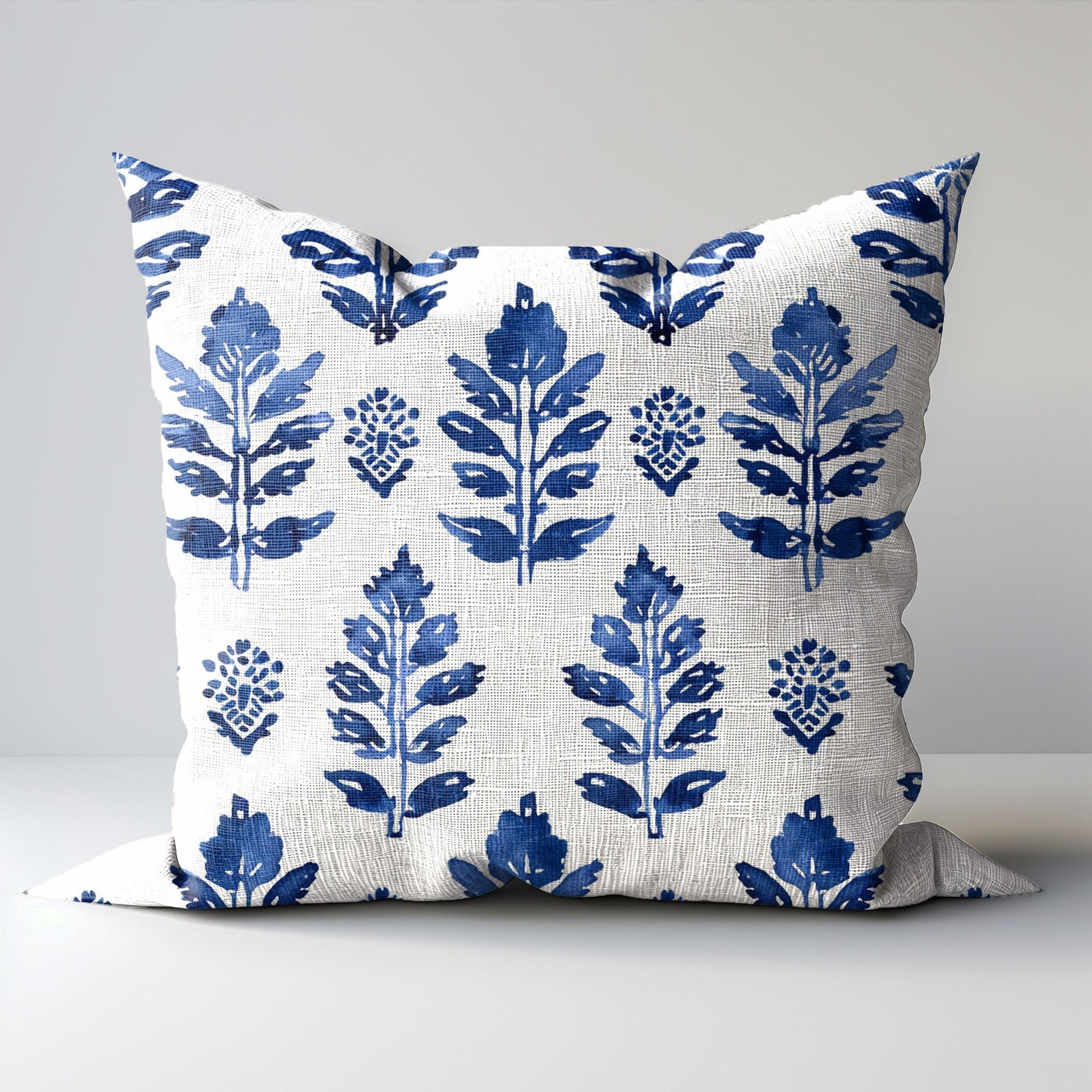 Modern indigo linen Floral Pillow Cover, white blue Boho Pillow block print on linen, Coutrynome block printed pillow case in European flax