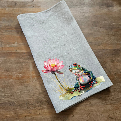 Frog & Lotus floral Tea Towel in linen, Botanical Hand Towels Tea in linen, pink flowers linen  Dish Towel  Kitchen Décor Tea Towel in linen