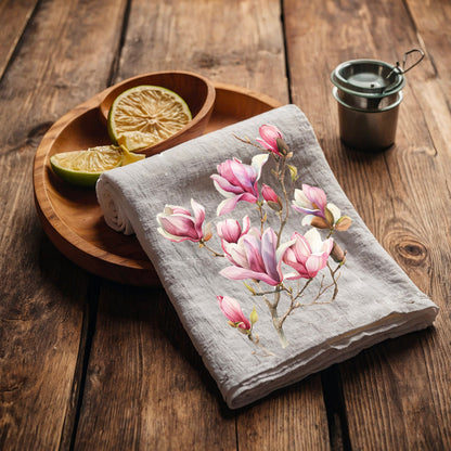 Magnolia Tea Towel in linen, floral Hand Towels Tea, botanical Floral Dish Towel, Floral Kitchen Décor Tea Towel