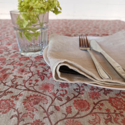Linen floral tablecloth with red flowers, French Retro Vintage Vibe table cloth Bohemian Wildflower Pattern