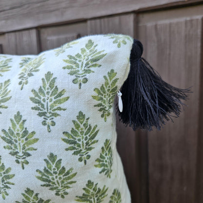 Designer Blovk print Floral on Linen Pillow Cover wiht pompons -  white green Boho Pillow - Farmhouse Floral Block printed pillow on flax
