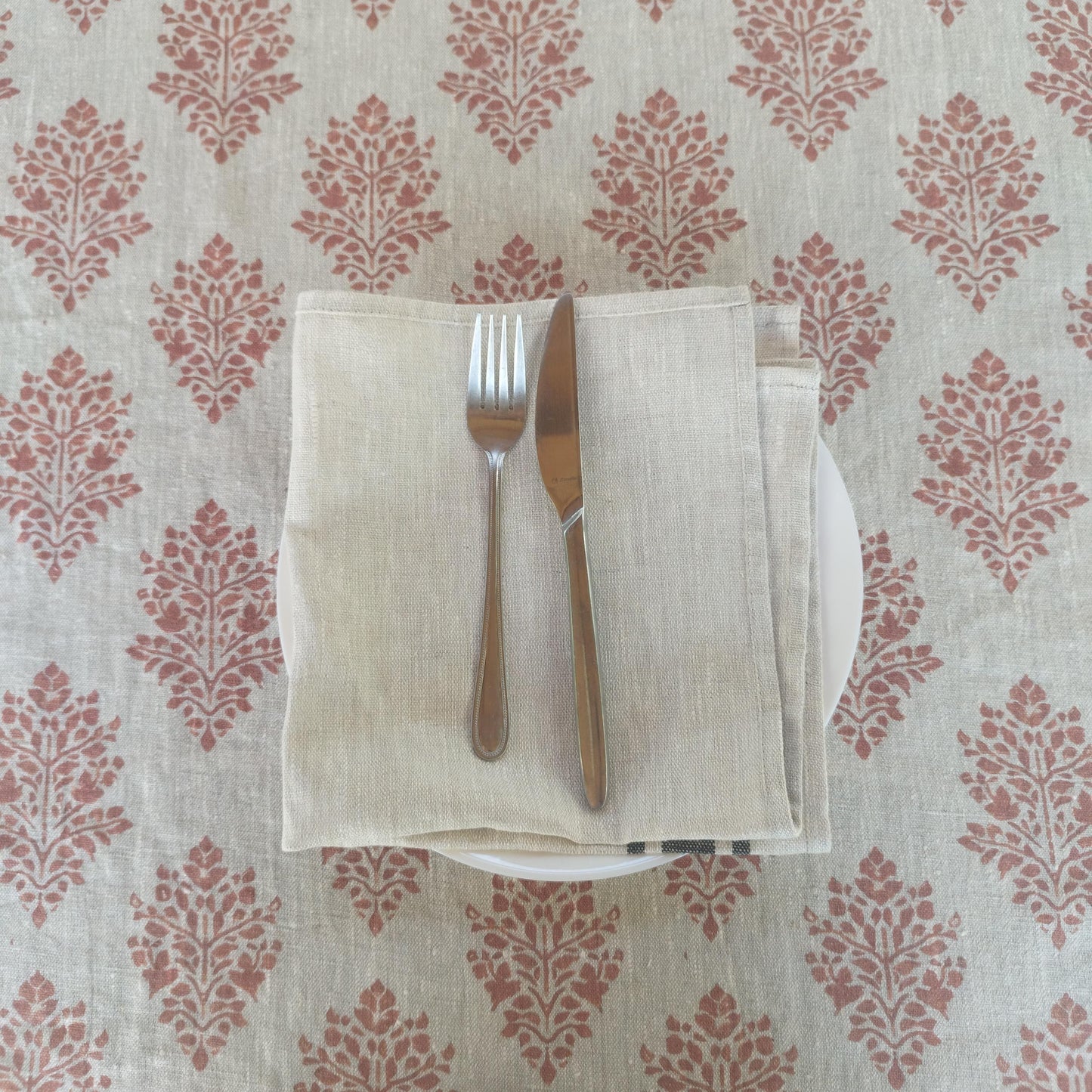 Linen foral tablecloth with red block print flowers, French Retro Vintage Vibe table cloth Bohemian Wildflower Pattern
