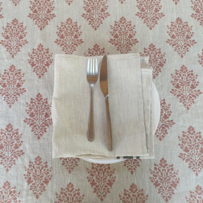 Linen foral tablecloth with red block print flowers, French Retro Vintage Vibe table cloth Bohemian Wildflower Pattern