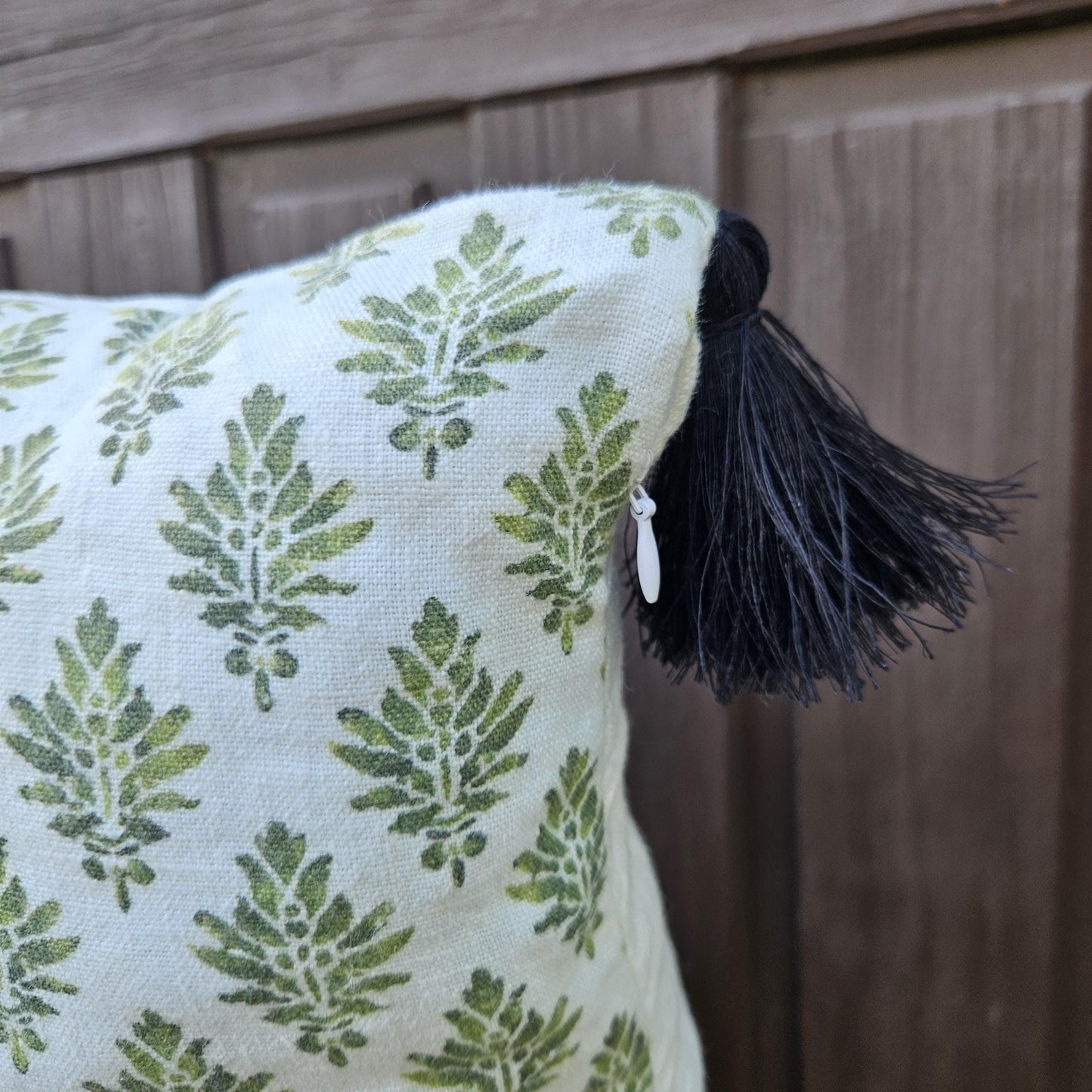 Designer Blovk print Floral on Linen Pillow Cover wiht pompons -  white green Boho Pillow - Farmhouse Floral Block printed pillow on flax
