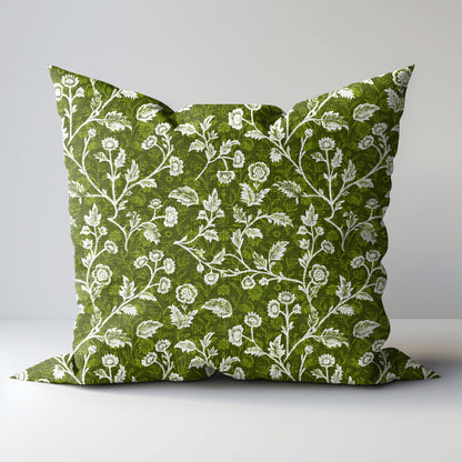 Designer Olive Green Floral on Linen Pillow Cover, Dark Green Boho Pillow, Farmhouse Floral Block printed pillow