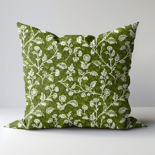 Designer Olive Green Floral on Linen Pillow Cover, Dark Green Boho Pillow, Farmhouse Floral Block printed pillow