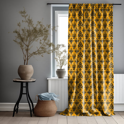 Designer Mustard yellow Floral Linen curtains, black yellow mustard Boho cautain panel, Farmhouse Block printed curtains for living room