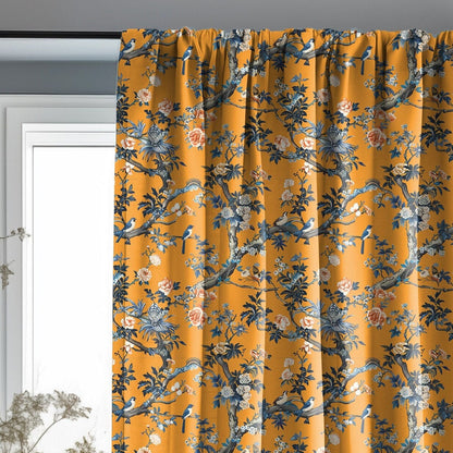 Linen floral Curtain Panels with toile de jouy print, Curtains for living room or bedroom in orange yellow, coutry house style curtains