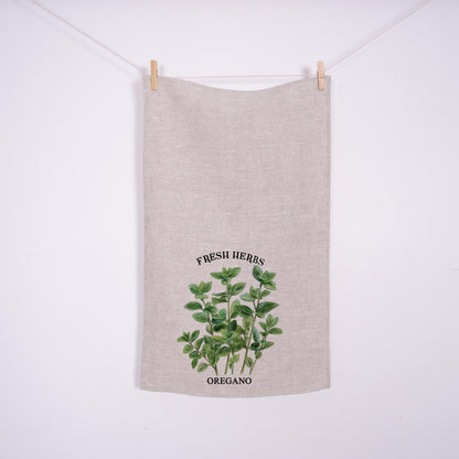 Oregano kökshandduk i linne - Franska lantliga handdukar - Diskhandduk med lantlig blommig design - grönska färska örter Köksinredning