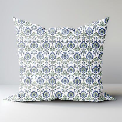 Modern indigo linen Floral Pillow Cover, white blue green Boho Pillow block print on linen, Coutryhome block printed cushion case in flax