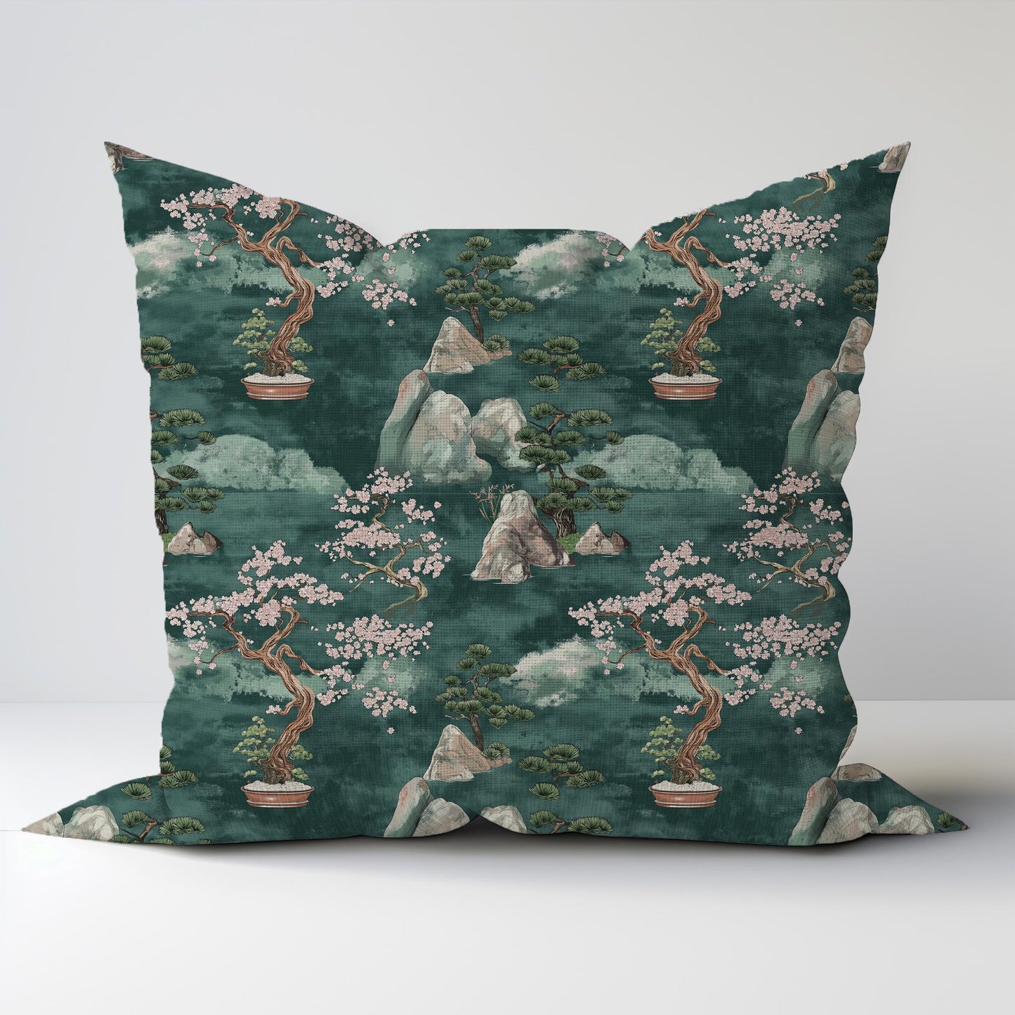 Designer Zen garden on Linen Pillow Cover -  green Japandi Pillow - Contemporary Floral Block printed pillow on flax