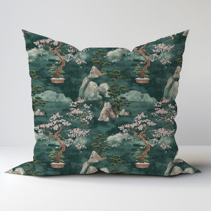 Designer Zen garden on Linen Pillow Cover -  green Japandi Pillow - Contemporary Floral Block printed pillow on flax