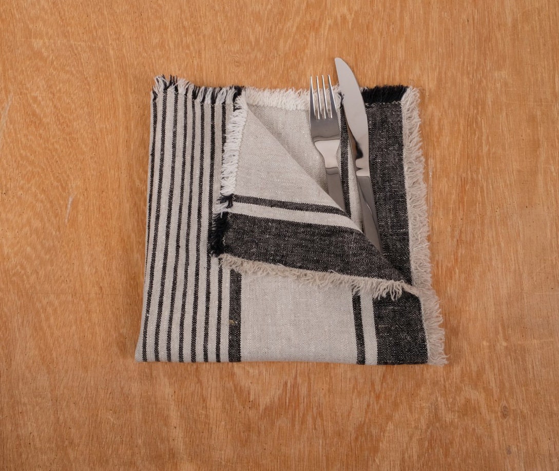 Rustic linen napkins - French grain sack linen stripes Cottage farmhouse country style Set of napkins. Stonewashed flax cloth placemats