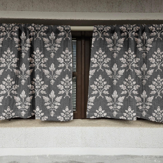 block print Curtains 100% Linen PREWASHED grey, cafe vanlance window panel kitchen Living room farmhouse curtains