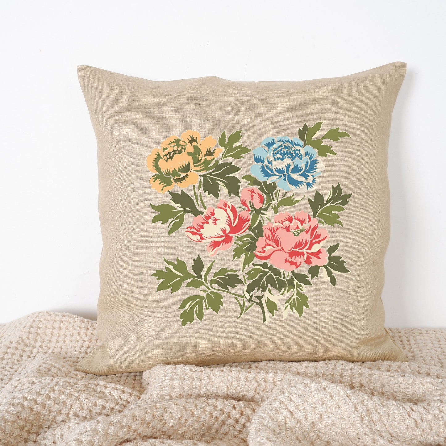 SALE LINEN Cushion cover with peony print , decorative linen pillow cover with folk art print , Floral Housewarming Gift