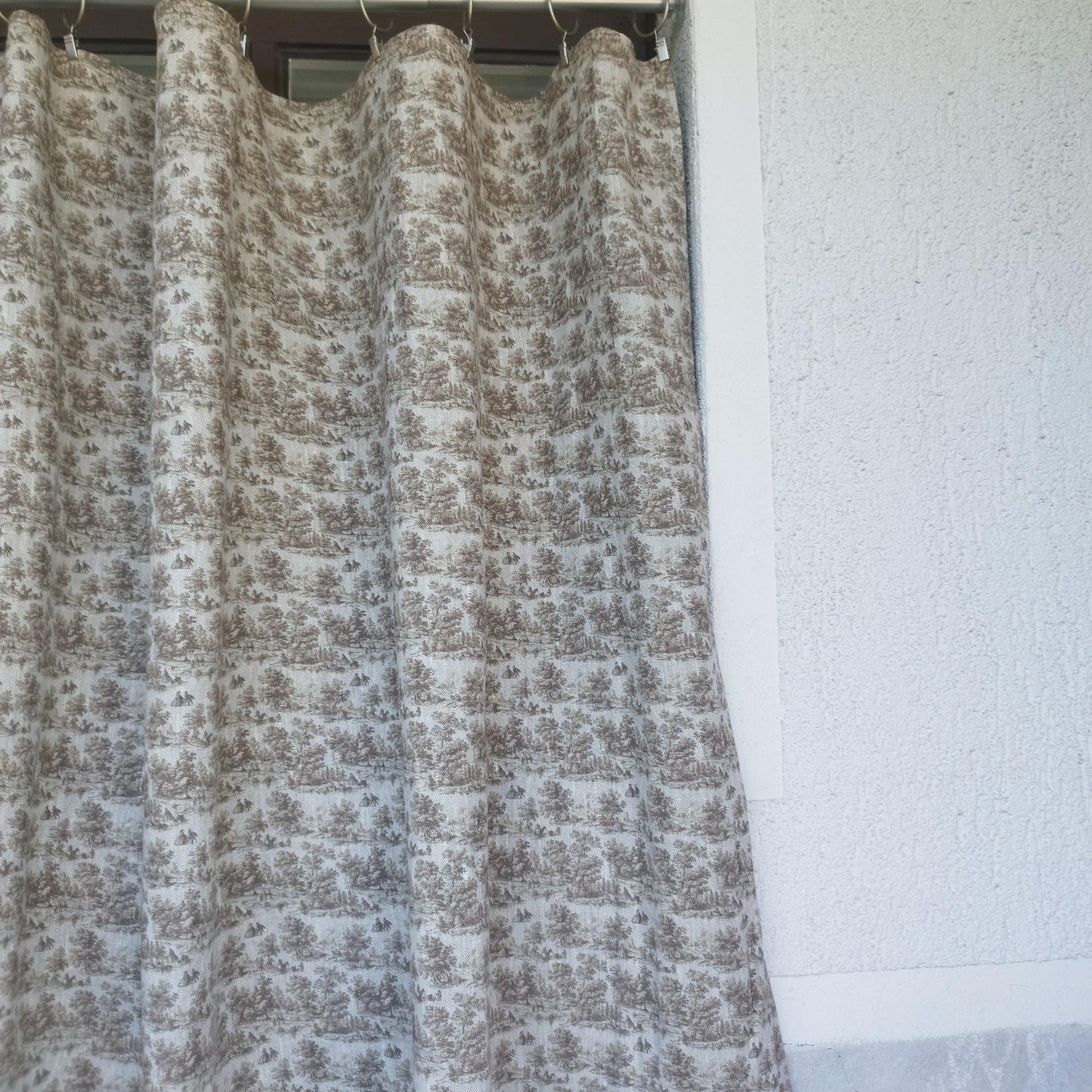 Curtains 100% Linen with brown toile de jouy print PREWASHED. kitchen Living room farmhouse linen window panel