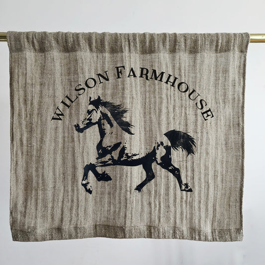 Natural grain sack Cafe Curtains farmhouse horse, French stamp burlap ranch shabby window panel, Living room Cafe Kitchen window curtains