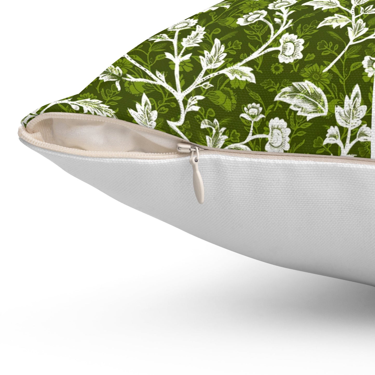 Designer Olive Green Floral on Linen Pillow Cover, Dark Green Boho Pillow, Farmhouse Floral Block printed pillow greenery