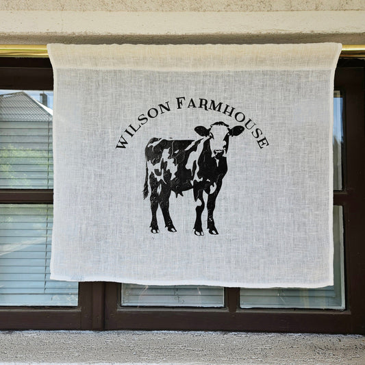 Natural grain sack Cafe Curtains farmhouse cow, French stamp burlap ranch shabby window panel, Living room Cafe Kitchen window curtains