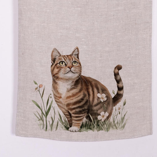 Cat in meadow kitchen Towel in linen - Tabby cat kawaii Hand Tea towels - Farmhouse Floral Dish Décor Kitchen Towel
