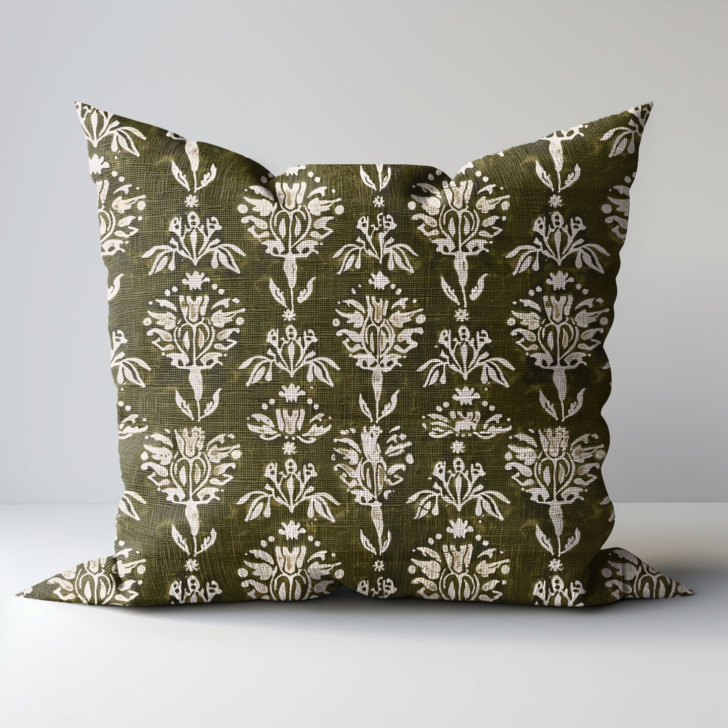 Designer Olive Green Floral on Linen Pillow Cover, Dark Green Boho Pillow, Farmhouse Floral Block printed pillow