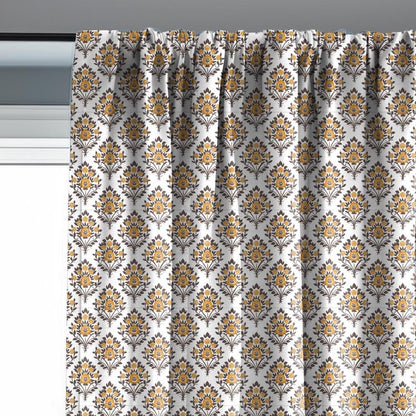Modern vintage Curtains 100% Linen with botanical block print in green on white linen - kitchen Living room farmhouse linen window panel