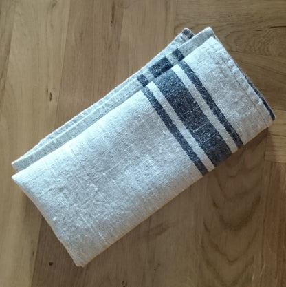 Linen napkins French linen. Natural - navy blue striped Cottage, coutry style linen. Set of linen napkins. Stonewashed. Linen cloth napkins.