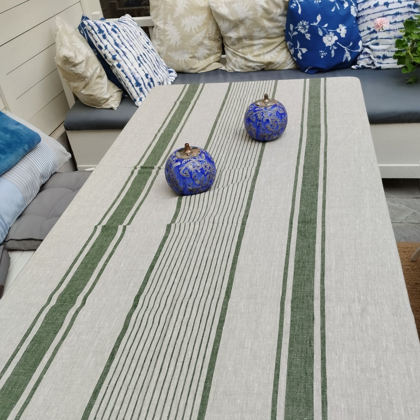 100% Linen tablecloth striped PREWASHED French table cloth rustic rectangle square oval Grey Blue country style Sack weave linen