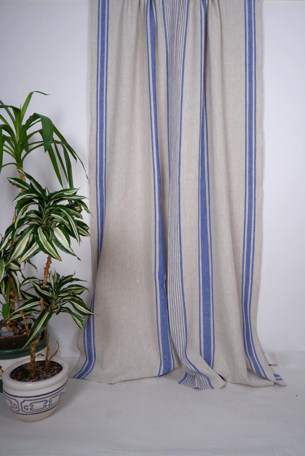 Curtains 100% Linen striped PREWASHED  - window panel. kitchen Living room farmhouse curtains. Grain Sack flax. Bedroom