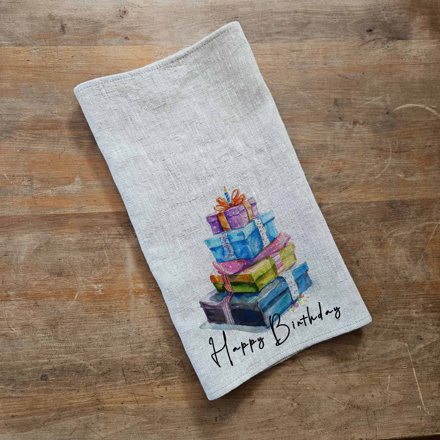Birthday cake Towel Gift kitchen towels in linen, Birthday Towel Gift Girlfriend Gift, Floral Birthday Tea Towels, Birthday Dish Towel