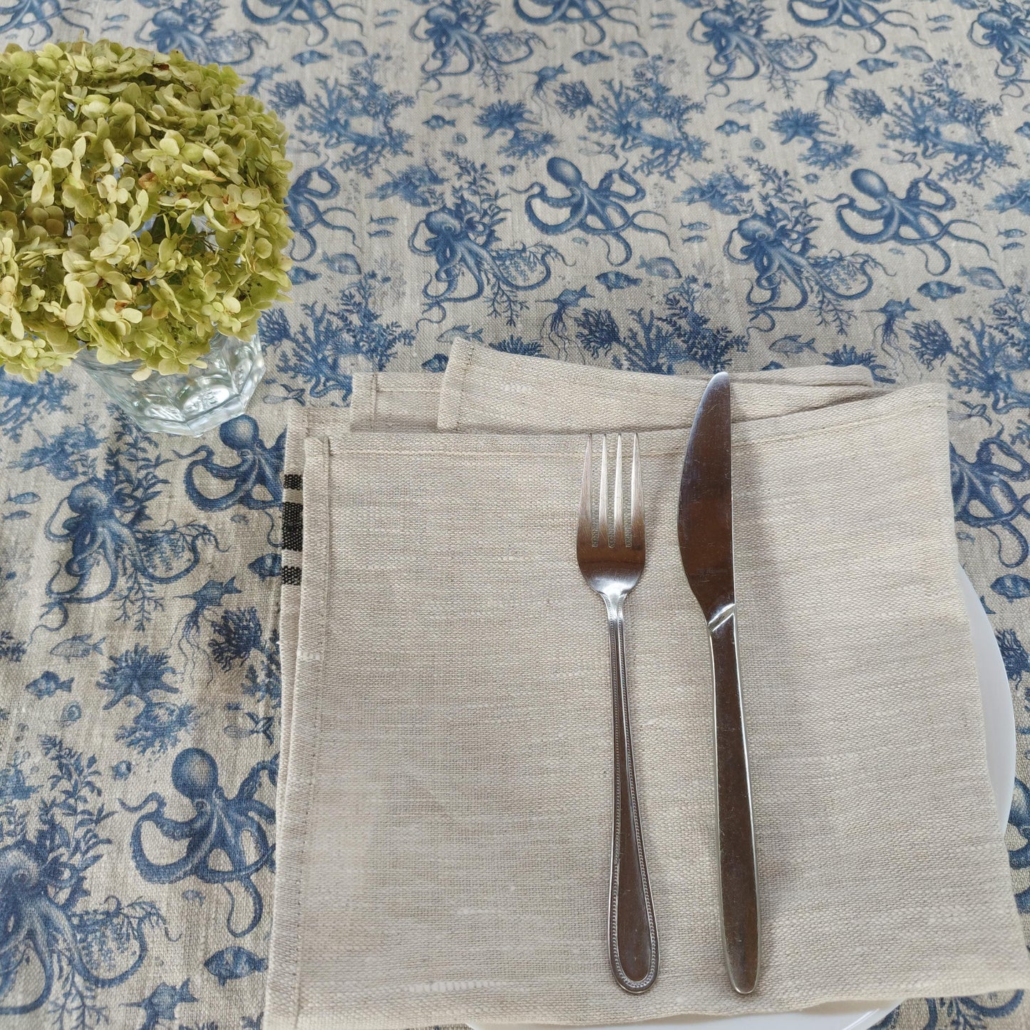 100% Linen tablecloth Blue Coastal with octopus print - French Coastal Vintage table cloth - Nautical indigo Blue Toile de jouy linen