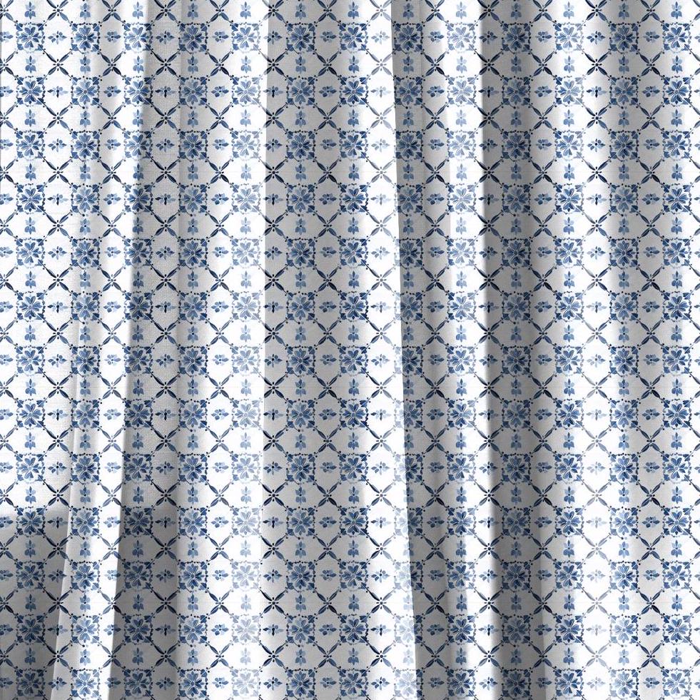 Curtains 100% Linen with Swedish tile print blue white pattern  PREWASHED - kitchen Living room farmhouse linen window panel