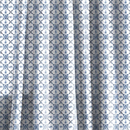 Curtains 100% Linen with Swedish tile print blue white pattern  PREWASHED - kitchen Living room farmhouse linen window panel
