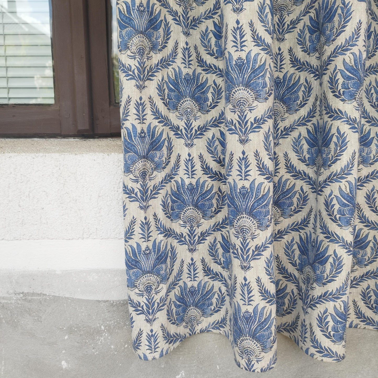 Curtains 100% Linen with French block print blue pattern PREWASHED. kitchen Living room farmhouse window panel in french linen