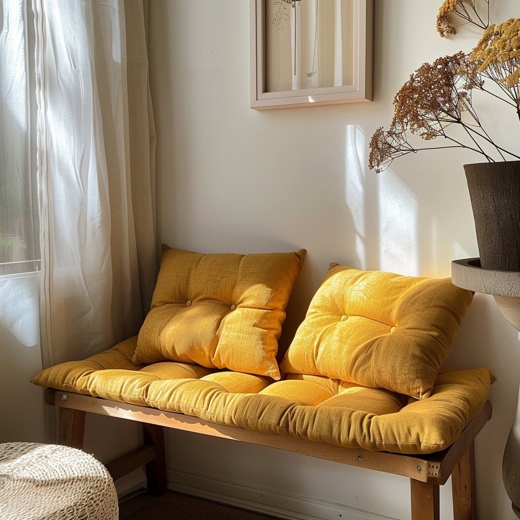 tuffed bench cushion in mustard yellow