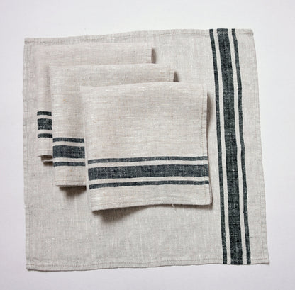 Linen napkins - French linen. Natural black striped. Cottage, coutry style linen. Set of linen napkins. Stonewashed. Linen cloth napkins.