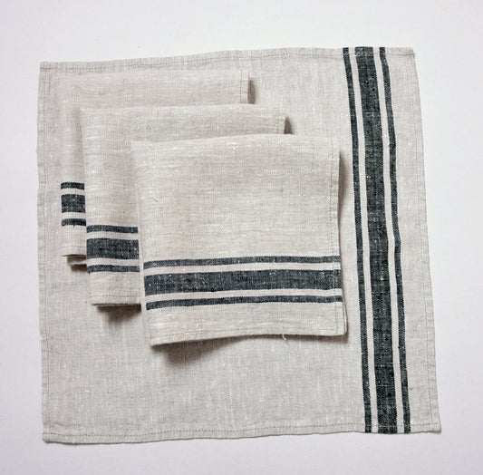 Linen napkins - French linen. Natural black striped. Cottage, coutry style linen. Set of linen napkins. Stonewashed. Linen cloth napkins.