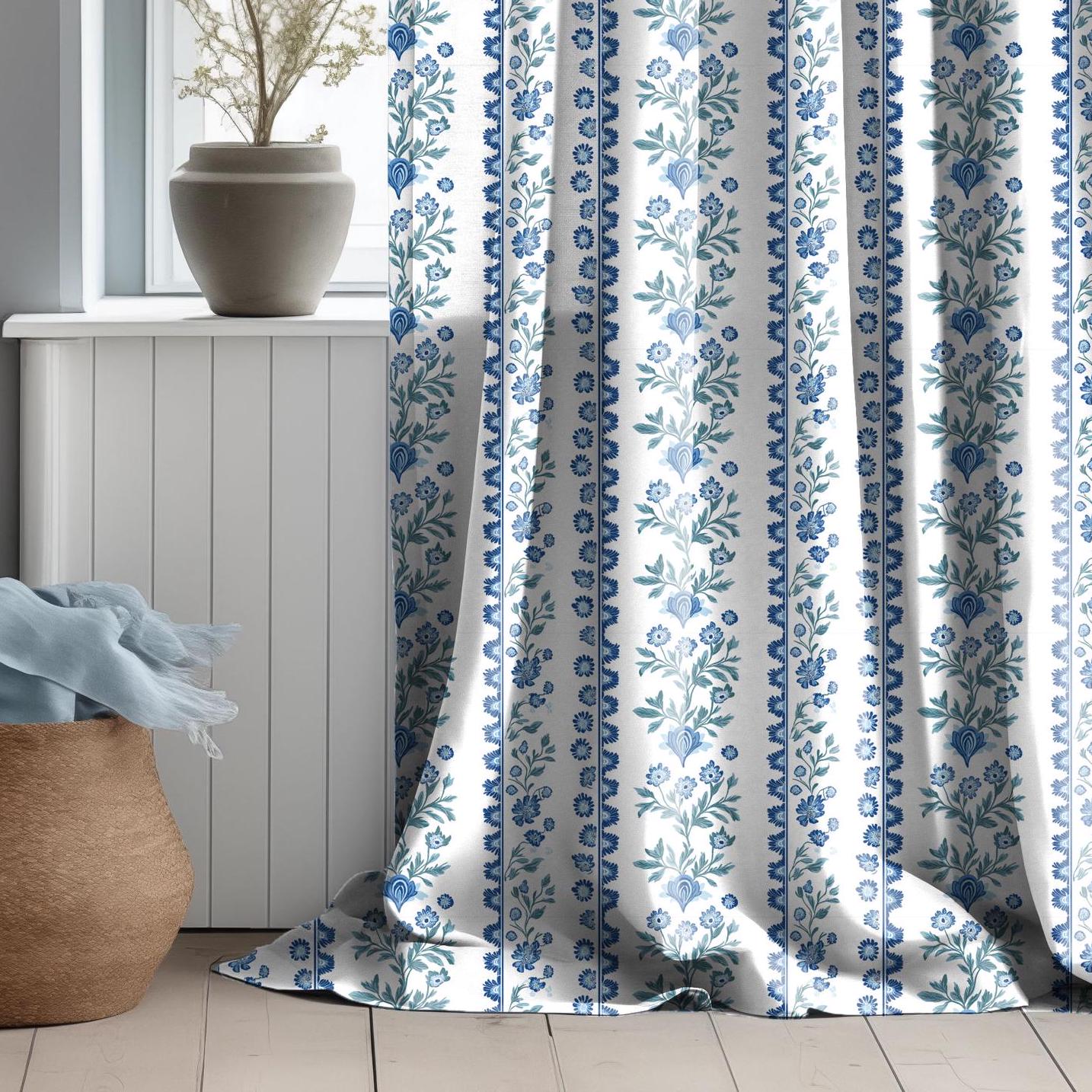 Curtains 100% Linen with floral stripe blue green white print PREWASHED - kitchen Living room farmhouse linen window panel herritage print