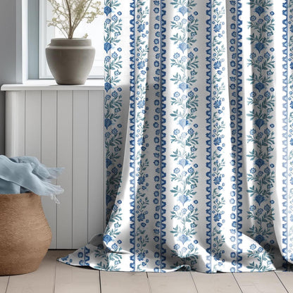 Curtains 100% Linen with floral stripe blue green white print PREWASHED - kitchen Living room farmhouse linen window panel herritage print