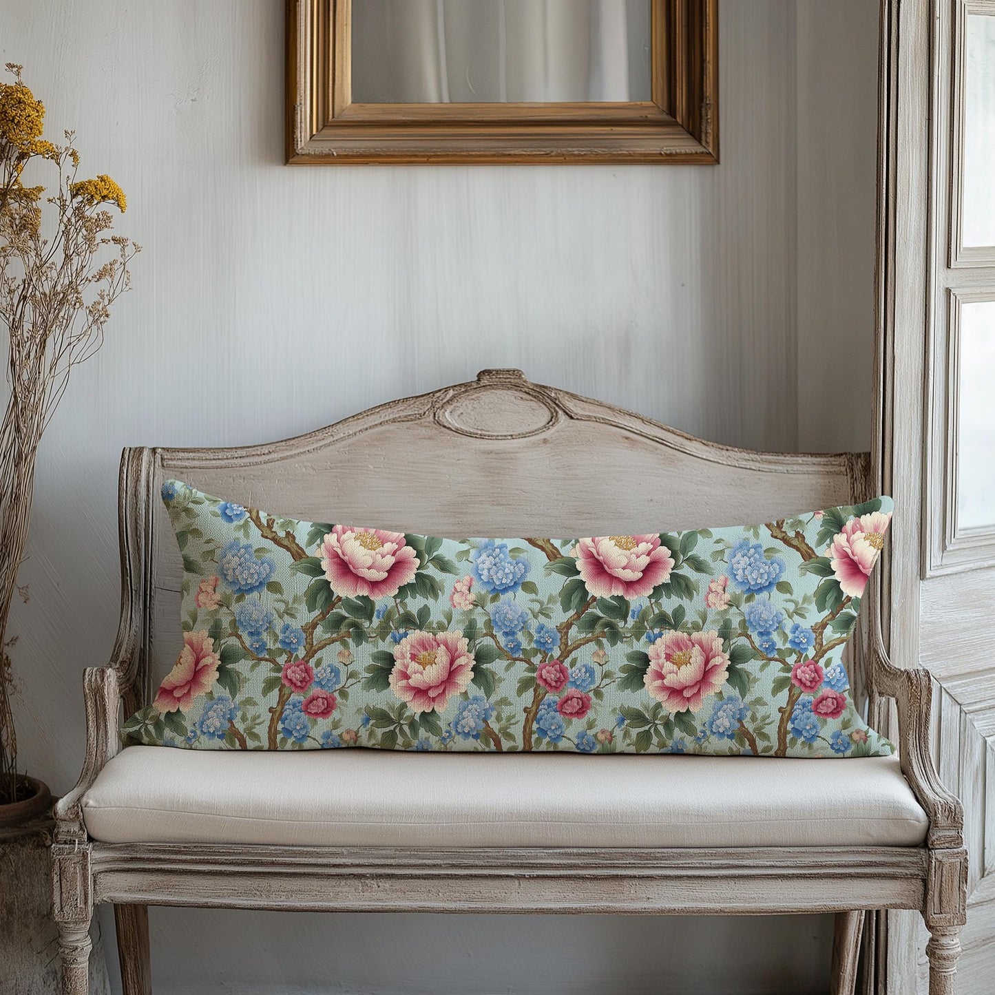 Designer Chinoiserie blue Floral on Linen Pillow Cover -  Floral peony Boho Pillow - Farmhouse Floral Block printed pillow on flax
