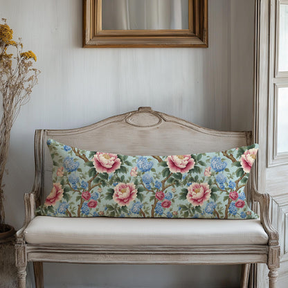 Designer Chinoiserie blue Floral on Linen Pillow Cover -  Floral peony Boho Pillow - Farmhouse Floral Block printed pillow on flax