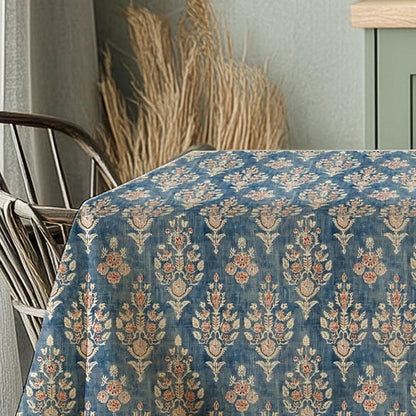 French placemat or tablecloth with Blue print -  French Retro Vintage table cloth Bohemian Blue on natural linen with floral block stamp