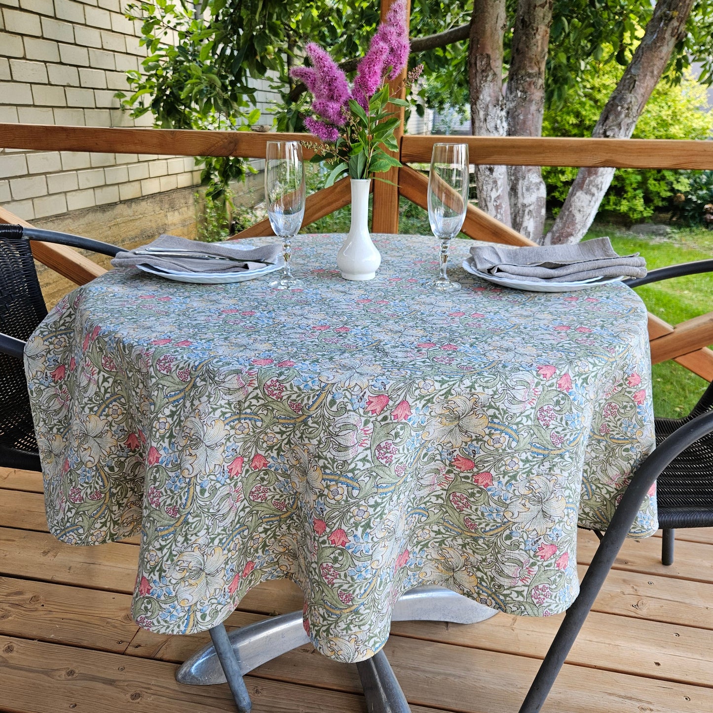 Linen foral tablecloth with birds, william Morris golden lily tablecloth, arts and crafts movement tablecloth Victorian style golden lilly